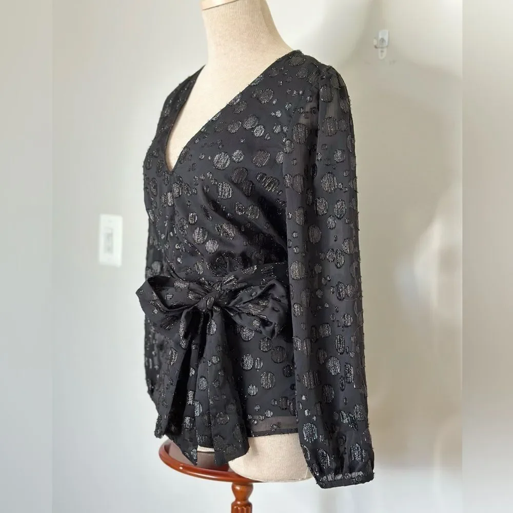 J Crew Tie Waist V-Neck Metallic Dot Jacquard Blouse Black Size Small
